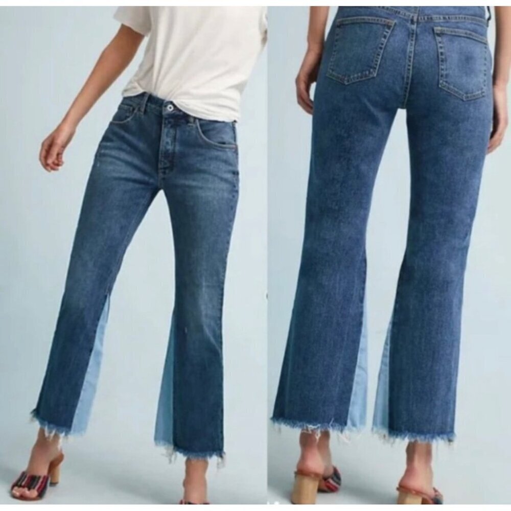 Anthropologie Denim Pilcro Two Tone Raw Hem Flare Cropped Jeans in Size 28 - Picture 2 of 15